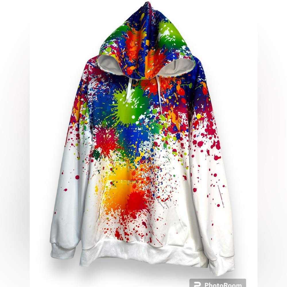 Multicolor Men Women Top Sweatshirt XL Splash Paint Kangaroo Pocket Hoodie